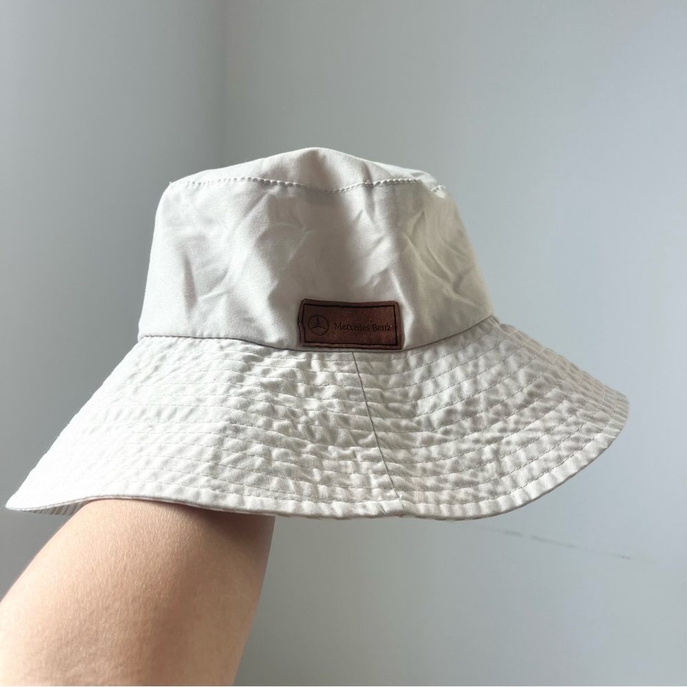 Mercedes Benz Lightweight Cream Bucket Hat w Leather Logo Stripes Unisex Small